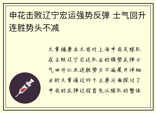 申花击败辽宁宏运强势反弹 士气回升连胜势头不减
