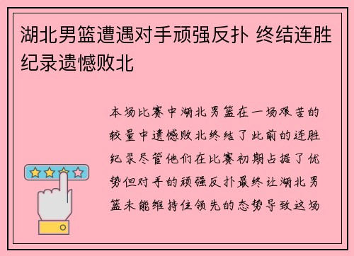 湖北男篮遭遇对手顽强反扑 终结连胜纪录遗憾败北
