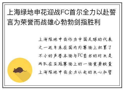 上海绿地申花迎战FC首尔全力以赴誓言为荣誉而战雄心勃勃剑指胜利