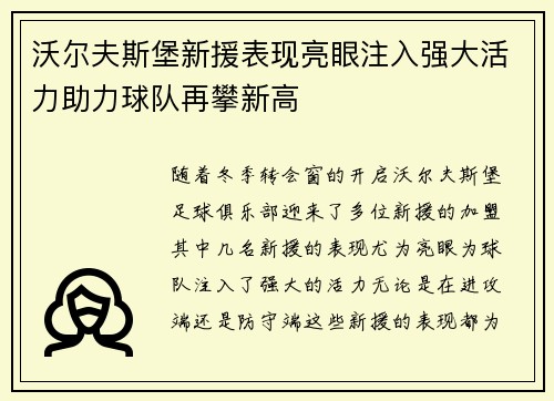沃尔夫斯堡新援表现亮眼注入强大活力助力球队再攀新高
