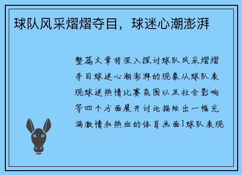 球队风采熠熠夺目，球迷心潮澎湃