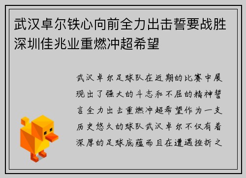 武汉卓尔铁心向前全力出击誓要战胜深圳佳兆业重燃冲超希望