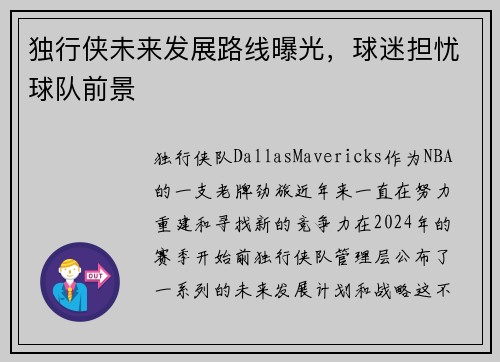 独行侠未来发展路线曝光，球迷担忧球队前景