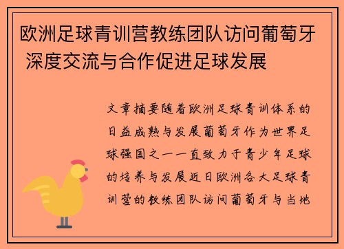 欧洲足球青训营教练团队访问葡萄牙 深度交流与合作促进足球发展