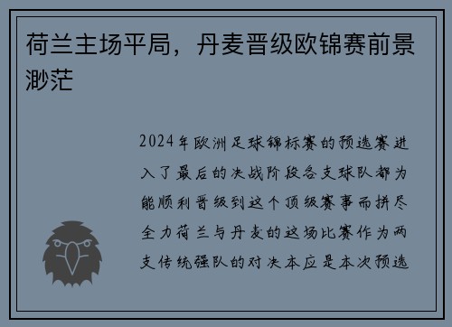 荷兰主场平局，丹麦晋级欧锦赛前景渺茫