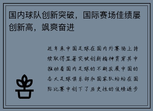 国内球队创新突破，国际赛场佳绩屡创新高，飒爽奋进