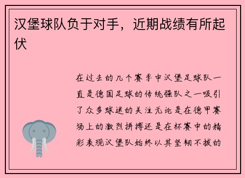 汉堡球队负于对手，近期战绩有所起伏
