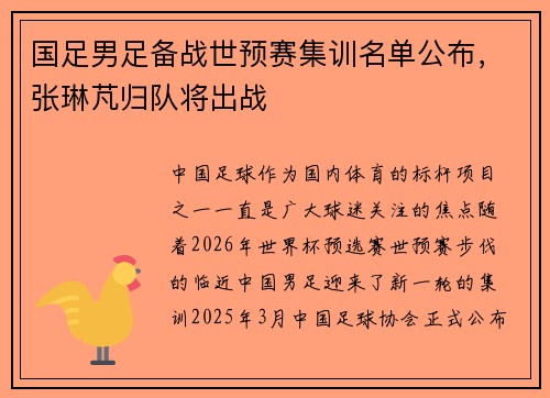 国足男足备战世预赛集训名单公布，张琳芃归队将出战