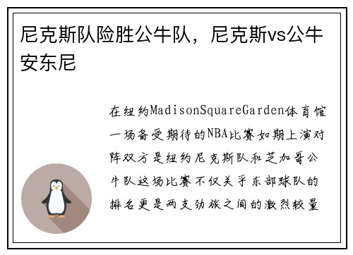 尼克斯队险胜公牛队，尼克斯vs公牛安东尼