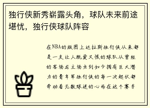 独行侠新秀崭露头角，球队未来前途堪忧，独行侠球队阵容