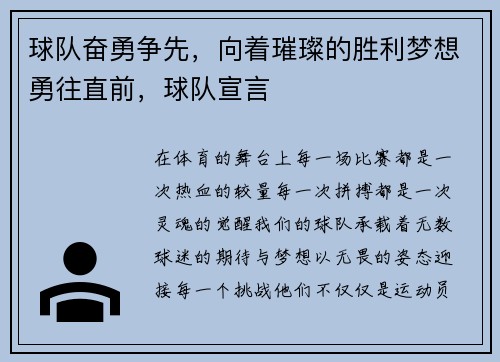 球队奋勇争先，向着璀璨的胜利梦想勇往直前，球队宣言