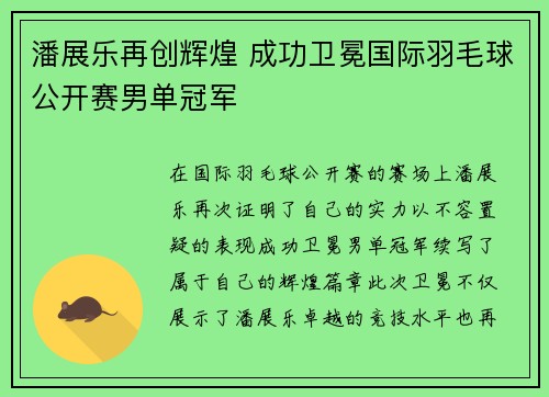 潘展乐再创辉煌 成功卫冕国际羽毛球公开赛男单冠军