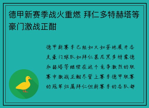 德甲新赛季战火重燃 拜仁多特赫塔等豪门激战正酣