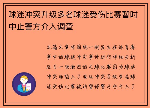 球迷冲突升级多名球迷受伤比赛暂时中止警方介入调查