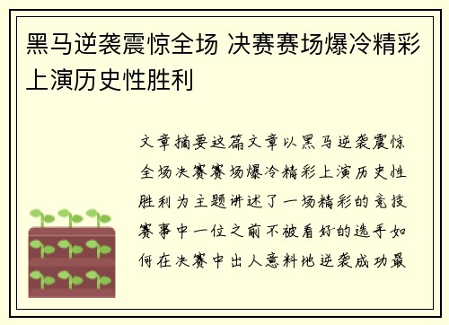 黑马逆袭震惊全场 决赛赛场爆冷精彩上演历史性胜利