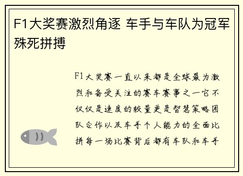 F1大奖赛激烈角逐 车手与车队为冠军殊死拼搏